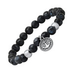 Gray Agate Beads w/ Stainless Steel Anchor Charm Stretch Bracelet