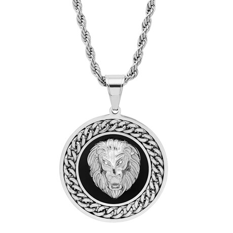 Stainless Steel w/ Simulated Black Onyx Lion Head Round Pendant w/ Cuban Chain Accents, Simulated Diamonds