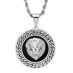 Stainless Steel w/ Simulated Black Onyx Lion Head Round Pendant w/ Cuban Chain Accents, Simulated Diamonds