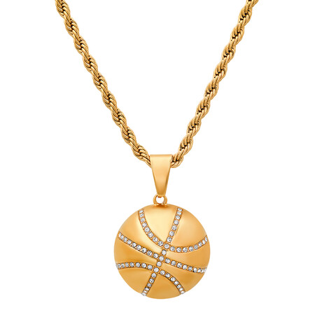 18K Gold Plated Stainless Steel w/ Simulated Diamonds Basketball Pendant