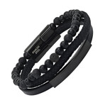 Black Layered Leather/Black Ip Stainless Steel + Black Beads Bracelet