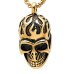 18K Gold Plated Stainless Steel Fire Skull Pendant Necklace