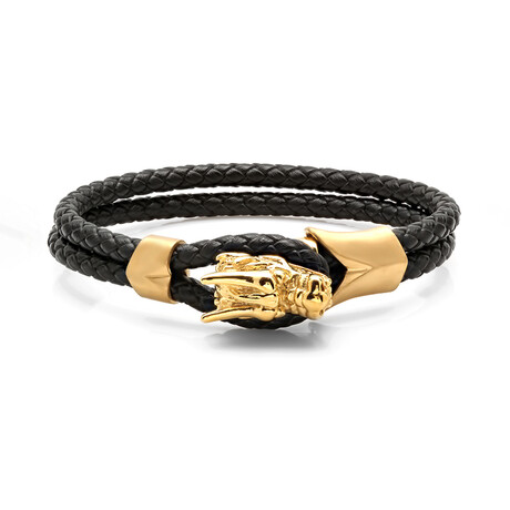 Black Braided Leather Bracelet w/18K Gold Plated Dragon Head Design