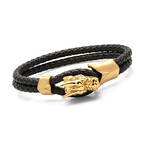 Black Braided Leather Bracelet w/18K Gold Plated Dragon Head Design