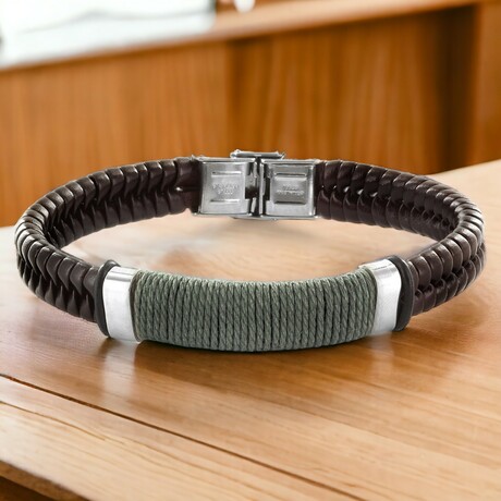 Brown Leather Bracelet + Stainless Steel Hook Clasp Cuff Bracelet // 8"