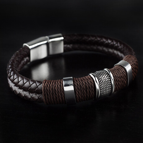 Stainless Steel Accent + Distressed Brown Leather Cuff Bracelet // 8.5"