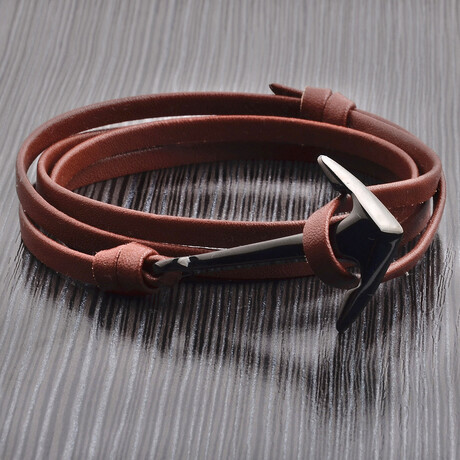 Brown Leather Bracelet + Black Plated Anchor Clasp Adjustable Wrap Bracelet // 30"