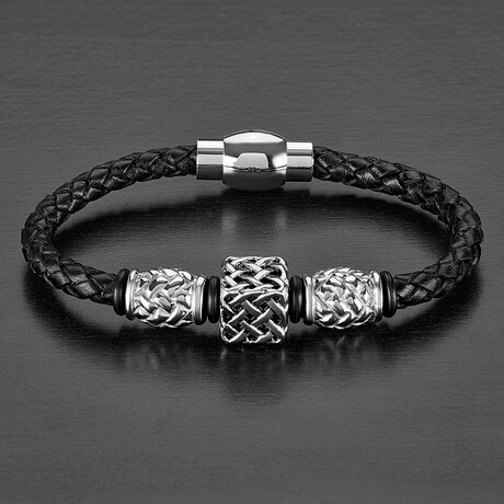 Stainless Steel Beads + Black Leather Bracelet // 8"