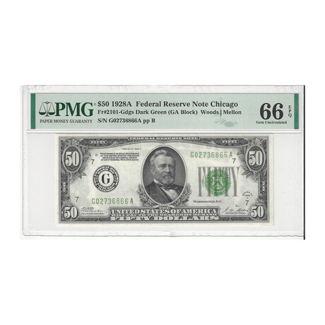 1928 A $ 50 Federal Reserve G Chicago "REDEEMABLE IN GOLD" PMG 66 EPQ # 866