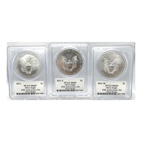 2011 Silver Eagles First Strike set of 3 P, W, and S signed by John Mercanti
