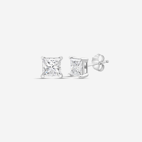 14K White Gold Princess-Cut Lab-Grown Diamond Stud Earrings // New