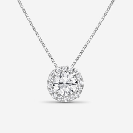 14K White Gold Round Lab-Grown Diamond Halo Pendant Necklace // 16" // New