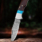 6.5" Handmade Wood & Turquoise Resin Handle // Damascus Pocket Knife // Leather Sheath
