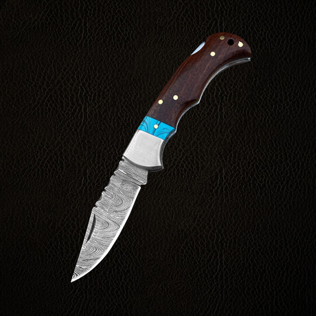 6.5" Handmade Wood & Turquoise Resin Handle // Damascus Pocket Knife // Leather Sheath