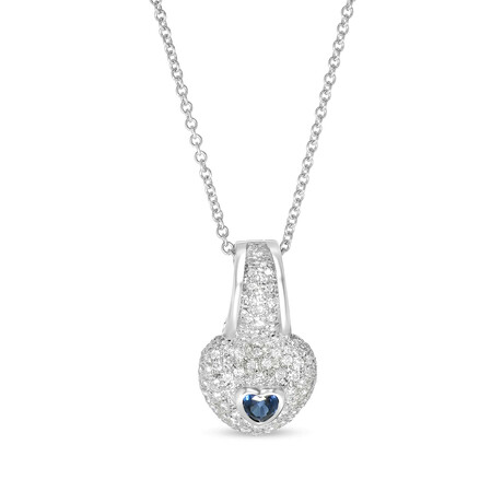 SuperOro // 18K White Gold Diamond + Blue Sapphire Heart Pendant Necklace // 16" // New