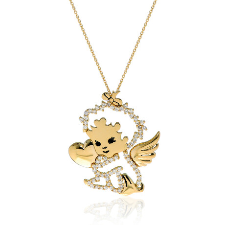Minu by Giovanni Ferraris // 18K Yelllow Gold Diamond Angel with Polished Heart Pendant Necklace // 14"-16" // New