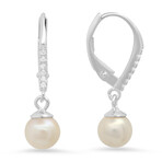 Sterling Silver Pearl & CZ Dangling Leverback Earrings