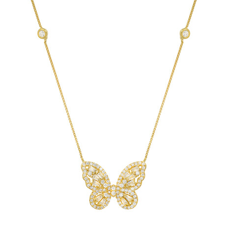 14k Yellow Gold Over Silver Baguette Butterfly Station Necklace