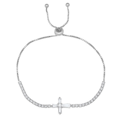 Sterling Silver Baguette CZ Cross Adjustable Bracelet