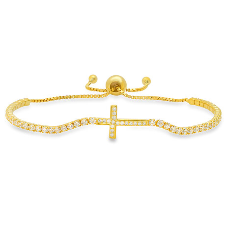 14k Yellow Gold Over Silver Petite CZ Cross Adjustable Bracelet