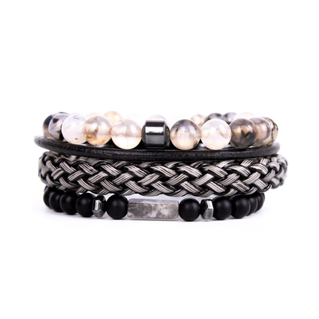 Beaded Agate + Marble + Onyx w/ Faux Leather Bracelet Set // Multicolor