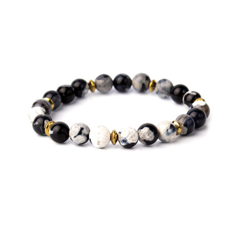 Beaded Patterned Agate + Hematite Bracelet // Black + White + Gold