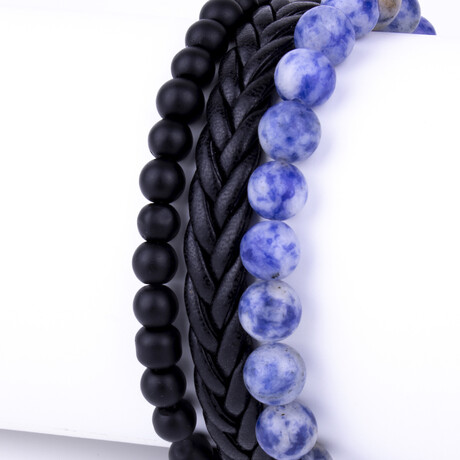 Beaded Sodalite + Onyx w/ Faux Leather Bracelet Set // Blue