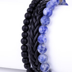 Beaded Sodalite + Onyx w/ Faux Leather Bracelet Set // Blue