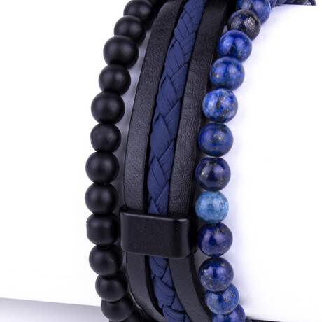 Beaded Onyx + Lapis Lauzuli w/ Faux Leather Bracelet Set // Blue