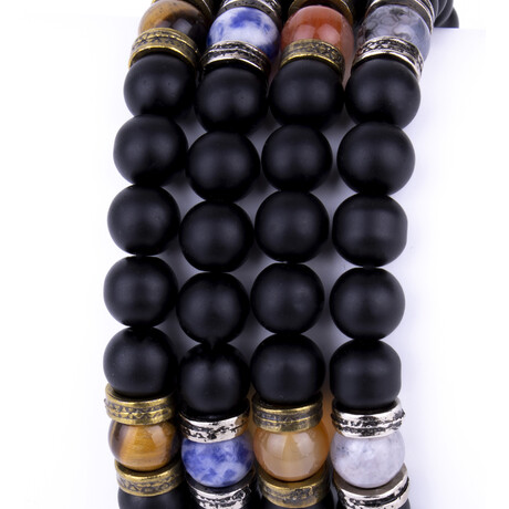 Beaded Onyx + Tiger Eye + Agate + Sodalite Bracelet Set // Multicolor