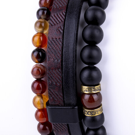 Beaded Agate + Onyx w/ Faux Leather Bracelet Set // Red