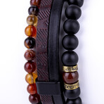 Beaded Agate + Onyx w/ Faux Leather Bracelet Set // Red