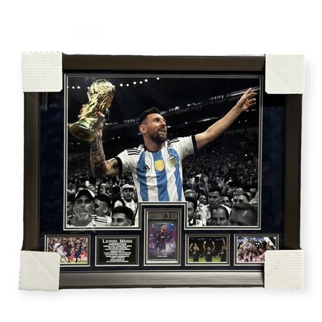 Lionel Messi // Autographed 2021 Topps Football Festival Steve Aoki UEFA Champions League Card + Framed Collage