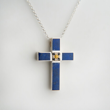 Genuine Lapis Lazuli Sterling Silver Cross Pendant with 18" Sterling Silver Necklace