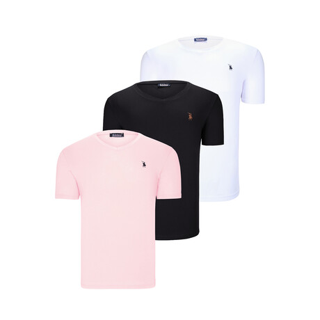 Set of 3 // V-Neck T-Shirts // White + Black + Light Pink (S)