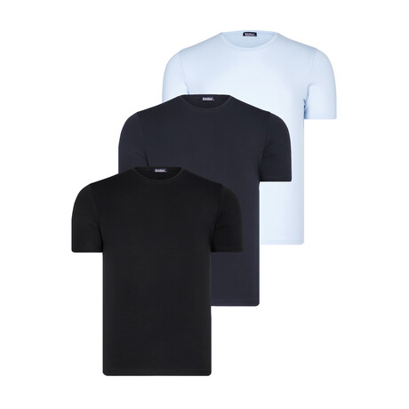 Set of 3 // Crewneck T-Shirts // Light Blue + Dark Blue + Black (S)