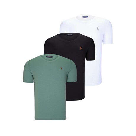 Set of 3 // V-Neck T-Shirts // White + Black + Light Green (S)