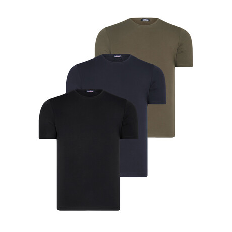 Set of 3 // Crewneck T-Shirts // Khaki + Dark Blue + Black (S)
