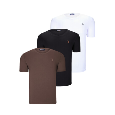 Set of 3 // V-Neck T-Shirts // White + Black + Light Brown (S)