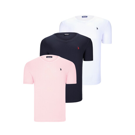 Set of 3 // V-Neck T-Shirts // White + Dark Blue + Pink (S)