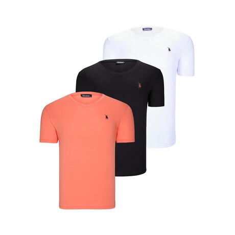 Set of 3 // V-Neck T-Shirts // White + Black + Light Orange (S)