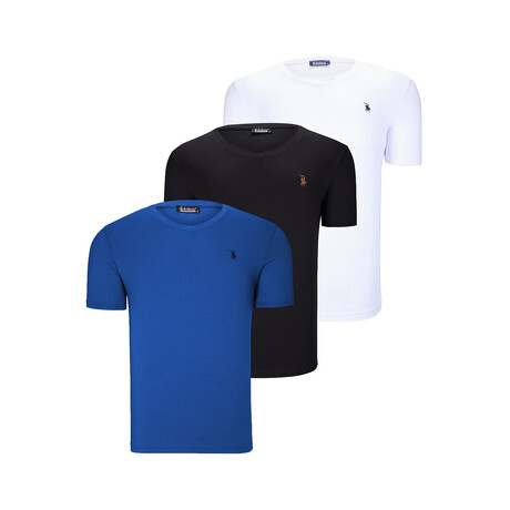 Set of 3 // V-Neck T-Shirts // White + Black + Sax (S)