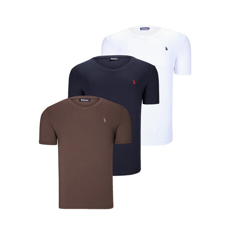 Set of 3 // V-Neck T-Shirts // White + Dark Blue + Light Brown (S)