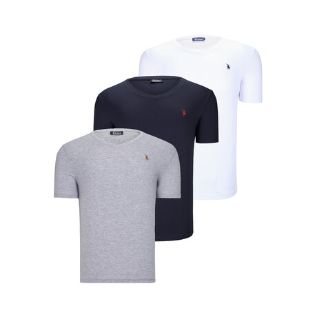 Set of 3 // V-Neck T-Shirts // White + Dark Blue + Light Gray (S)