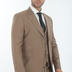 3-Piece Slim Fit Single Breasted 1 Button Suit Jacket w/4 Button Vest Suit  // Dark Beige (Euro: 50)