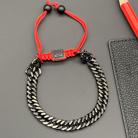 Men // Dark Silver Plated Zinc + Rope Bracelet // Red