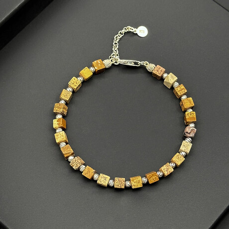Men // Silver Plated Zinc + Square Bead Natural Stone Bracelet // Yellow