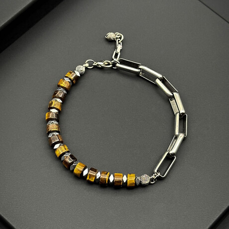 Men // Silver Chained Plated Zinc + Tiger Eye Bracelet // Yellow