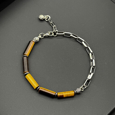 Men // Silver Plated Zinc + Tiger Eye Bracelet // Style  2 // Yellow