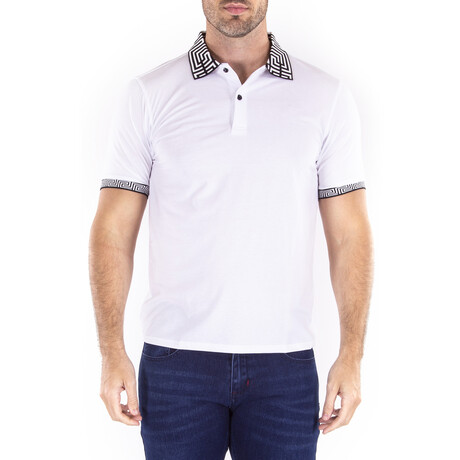 Greek Key Collar & Trim Solid White Polo Shirt // White (XS)
